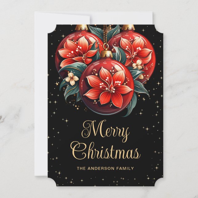 Cartão De Festividades Modern Black Red Floral Ornaments Christmas Card (Frente)