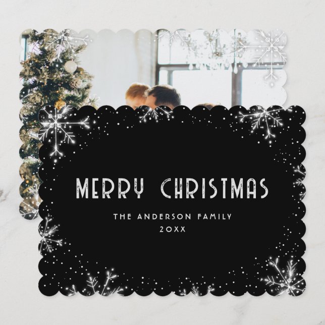 Cartão De Festividades Modern Black Silver Snowflake Photo Christmas Card (Frente/Verso)