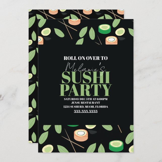 Cartão De Festividades Modern Black Sushi Party Rolls Birthday Name (Frente/Verso)