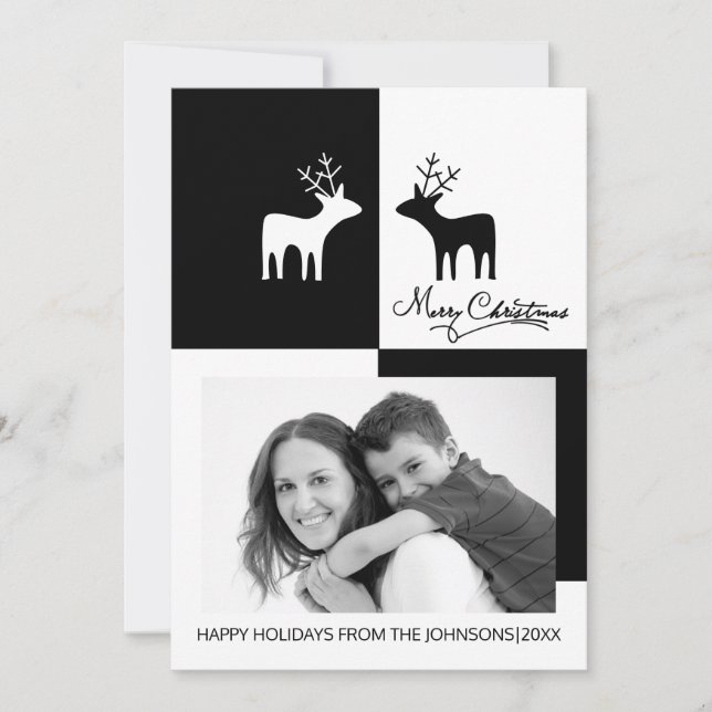 Cartão De Festividades Modern black white deer Merry Christmas photo (Frente)