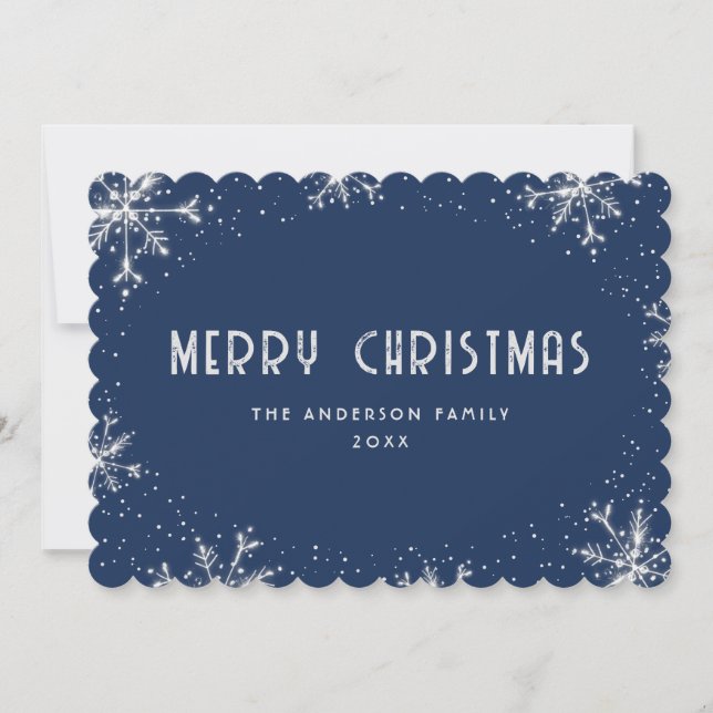 Cartão De Festividades Modern Blue Silver Snowflake Snow Christmas Card (Frente)