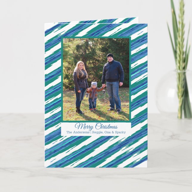 Cartão De Festividades Modern Blue Stripes YOUR Photo Folded Holiday Card (Frente)