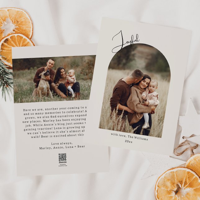 Cartão De Festividades Modern Boho Arch Beige Joyful Duas Fotografias (Criador carregado)