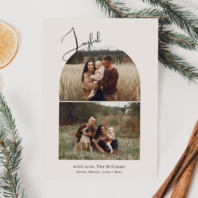 Cartão De Festividades Modern Boho Arch Green Joyful Duas Fotografias (Criador carregado)