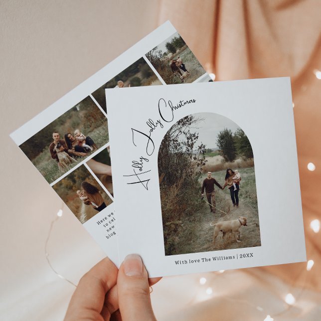 Cartão De Festividades Modern Boho Arch Holly Jolly Christmas Seven Photo (Criador carregado)