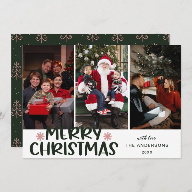 Cartão De Festividades Modern Boho Christmas Tree Merry Christmas 3 Photo (Frente/Verso)