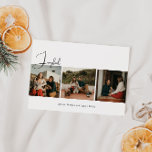 Cartão De Festividades Modern Boho Joyful Três Fotografias no Natal<br><div class="desc">Celebre a temporada de festas com este moderno cartão de festas de três fotos de natal. O script exclusivo e editável dá ao design uma chic, mas elegante. Seu simples design preto e branco incorpora um sentimento clássico e caprichoso, perfeito para a estação de inverno. A fonte festiva boêmica mínima...</div>