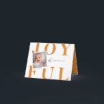 Cartão De Festividades Modern Bold Type Photo Christmas Card Orange<br><div class="desc">Cute and trendy,  JOYFUL bold dark cheddar orange type,  holiday photo card. Card features,  single photo on polaroid style frame. Inside card is complimented with white doodle dot pattern on matching orange color background. Template text spaces for message and names.</div>