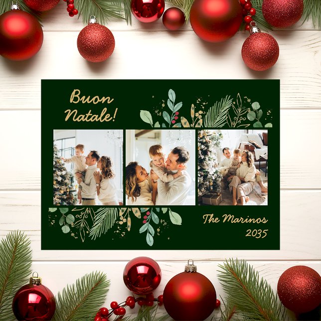 Cartão De Festividades Modern Botanical Greenery Photo Buon Natale (Criador carregado)