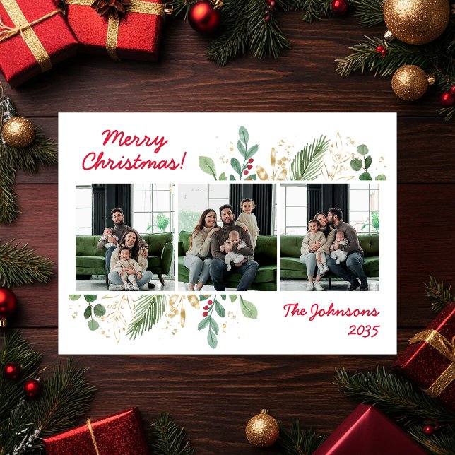 Cartão De Festividades Modern Botanical Greenery Photo Holiday Card (Criador carregado)