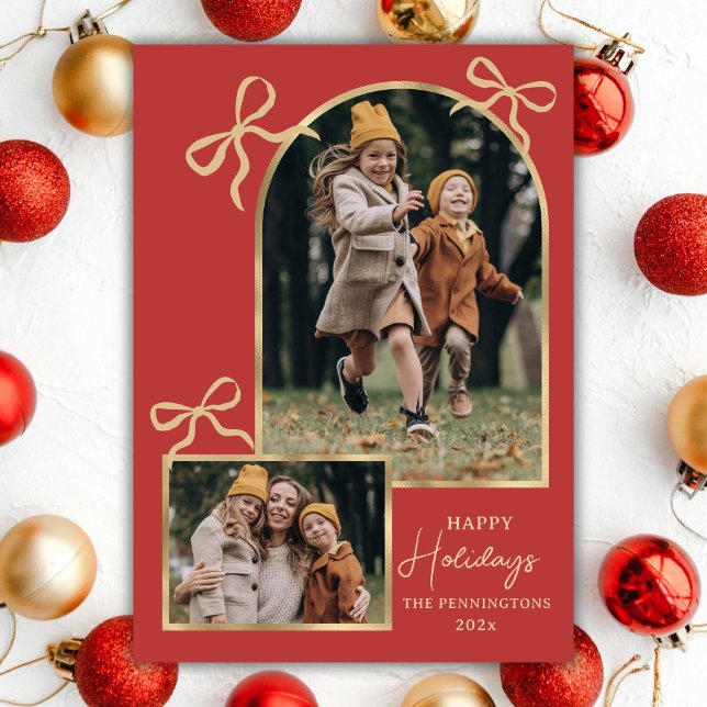 Cartão De Festividades Modern Bows Happy Holidays Arch 3 Family Photo Red (Criador carregado)