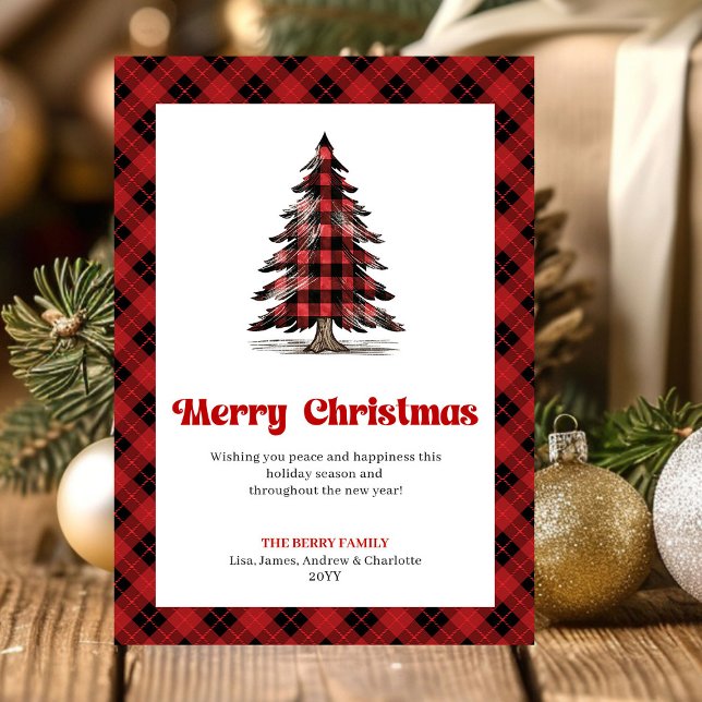 Cartão De Festividades Modern Buffalo Plaid Christmas Tree Greeting Card (Send warm holiday wishes with this modern watercolor Christmas greeting card, featuring a red and bl)