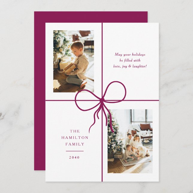 Cartão De Festividades Modern Burgundy Ribbon Bow Wrap 2 Photo Christmas (Frente/Verso)