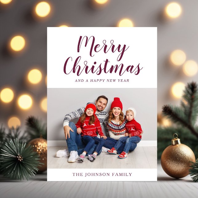 Cartão De Festividades Modern Burgundy Script One Photo Christmas (Modern Burgundy Script One Photo Christmas Holiday Card)
