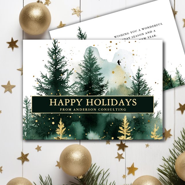 Cartão De Festividades Modern Business Christmas Holiday Card Gold Green (Criador carregado)