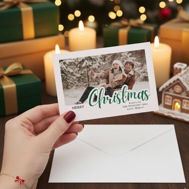 Cartão De Festividades Modern Calligraphy Family Christmas Photo (Criador carregado)
