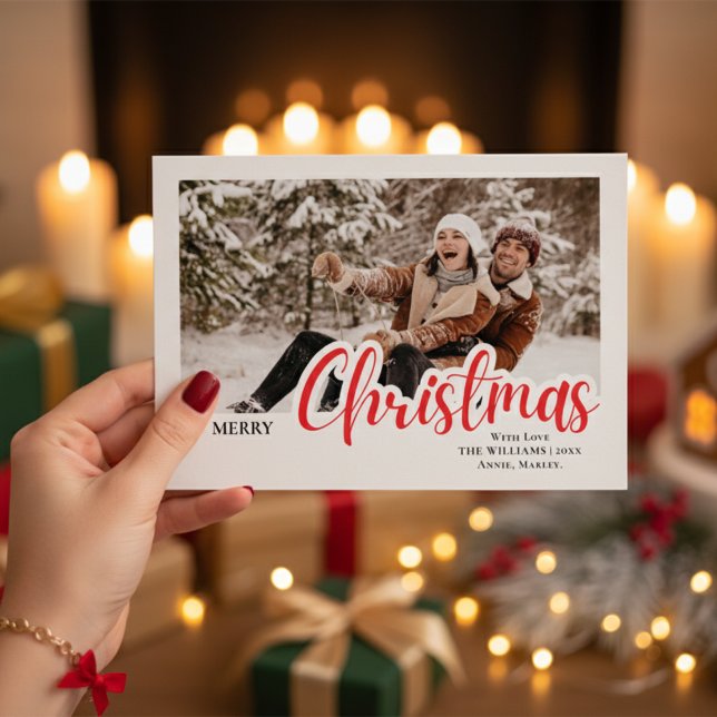 Cartão De Festividades Modern Calligraphy Family Christmas Photo (Criador carregado)