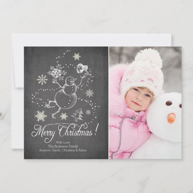 Cartão De Festividades Modern Chalkboard Snowman Christmas Photo Card (Frente)