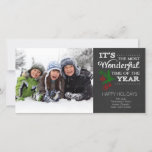 Cartão De Festividades Modern Chalkboard Typography Holiday Photo Card<br><div class="desc">Stylish & modern black chalkboard "it's the most wonderful time of the year" holiday christmas photo card with a green pine branch and red berries.</div>