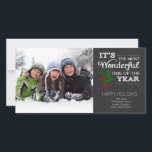 Cartão De Festividades Modern Chalkboard Typography Holiday Photo Card<br><div class="desc">Stylish & modern black chalkboard "it's the most wonderful time of the year" holiday christmas photo card with a green pine branch and red berries.</div>