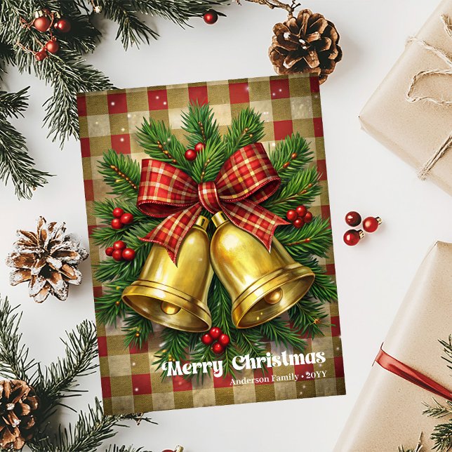 Cartão De Festividades Modern Christmas bells holly wreath greeting desig (Modern Christmas bells holly wreath greeting desig Holiday Card)