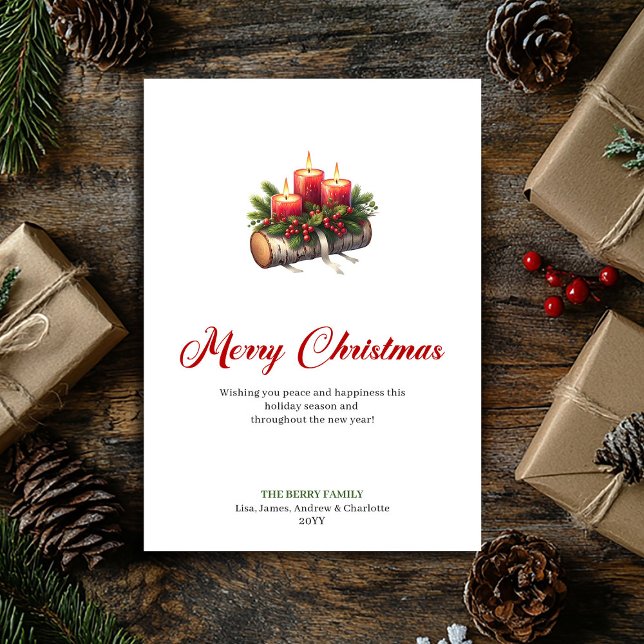 Cartão De Festividades Modern Christmas candles wooden log greeting (Modern Christmas candles wooden log greeting Holiday Card)