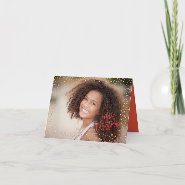 Cartão De Festividades Modern Christmas Gold & Red Dots Lettering Photo (Frente)