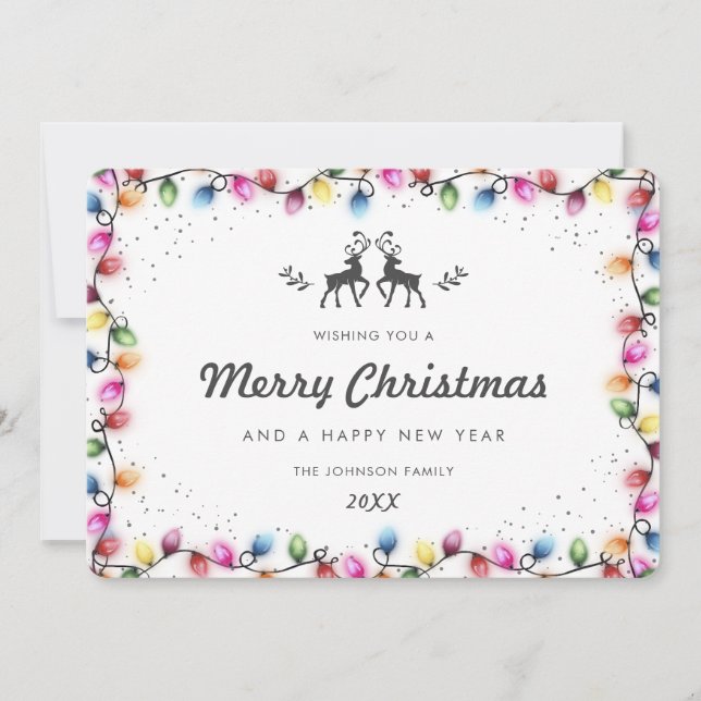 Cartão De Festividades Modern Christmas Lights Reindeer Snow (Frente)