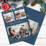 Cartão De Festividades Modern Christmas Navy Blue Gold Collage Photo<br><div class="desc">Elegant modern Christmas navy blue and gold greeting holiday card with elegant hand lettered typography Merry Christmas. This card includes 4 Photos collage to be replaced by your own ones. You can personalize this beautiful card with your family name and year. Faux gold Christmas lights, foil botanical leaves and trendy...</div>