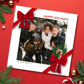 Cartão De Festividades Modern Christmas Photo Card with Red Bows