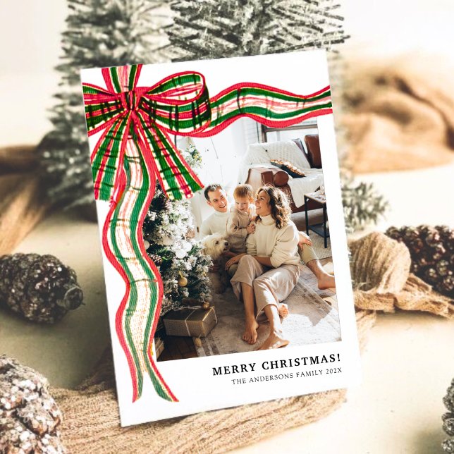 Cartão De Festividades Modern Christmas Plaid Bow Family Photo  Holiday C (Modern Christmas Plaid Bow Family Photo Holiday C)