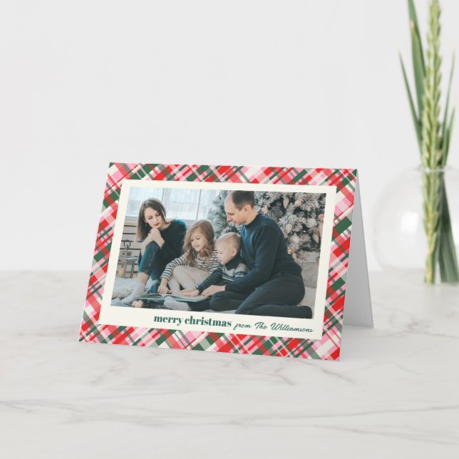 Cartão De Festividades Modern Christmas Plaid Red Green Photo Folded (Frente)