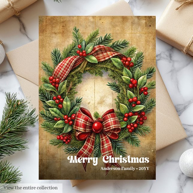 Cartão De Festividades Modern Christmas rustic traditional pine wreath (Modern Christmas rustic traditional pine wreath Holiday Card)