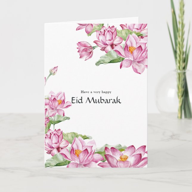 Cartão De Festividades Modern Eid Mubarak Pink Lotus Flower Family Photo (Frente)