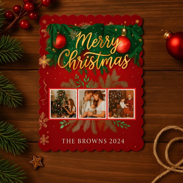 Cartão De Festividades Modern Elegant Red Gold Christmas Family Photo (Custom Family Photos For a Mary Christmas 🎁🎄)