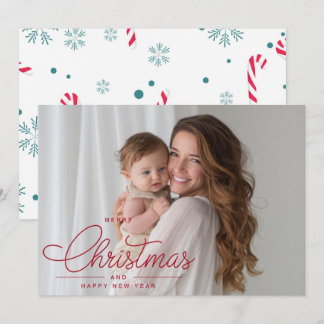 Cartão De Festividades Modern Elegant Red Script Photo Merry Christmas