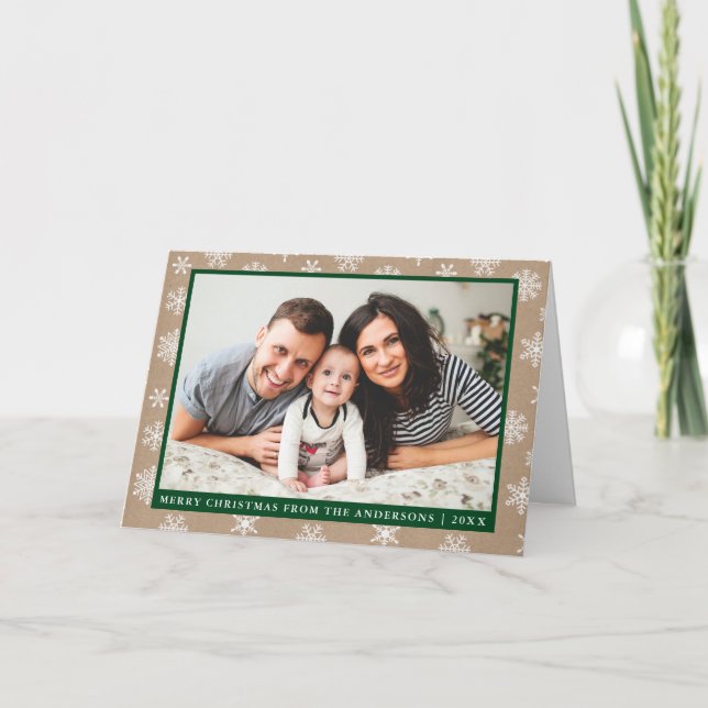 Cartão De Festividades Modern Family Photo Kraft Snowflake Folded Green (Frente)