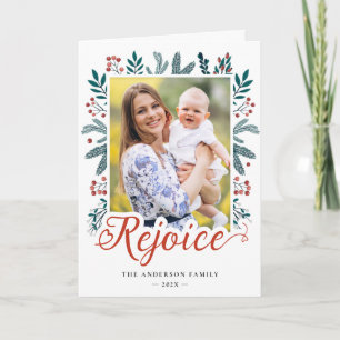Cartão De Festividades Modern Festive Rejoice Script Pine Berries Photo