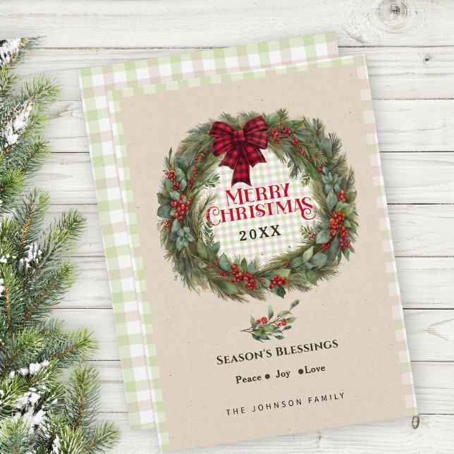 Cartão De Festividades Modern Gingham Check Farmhouse Wreath de Natal (Criador carregado)