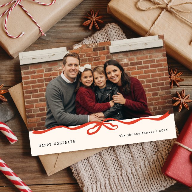 Cartão De Festividades Modern Gingham Family Portrait Red Bow Christmas (Criador carregado)