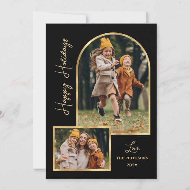 Cartão De Festividades Modern Gold Arch 3 Photo Black Happy Holiday Card (Frente)