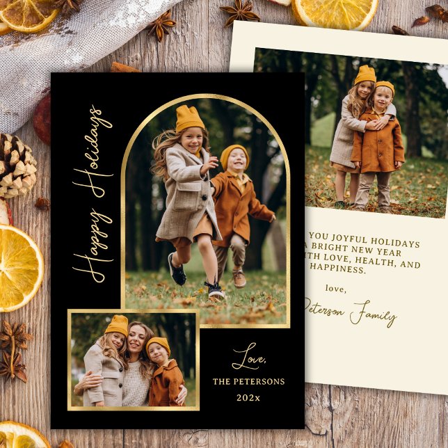 Cartão De Festividades Modern Gold Arch 3 Photo Black Happy Holiday Card (Criador carregado)