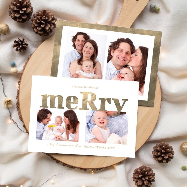 Cartão De Festividades Modern Gold “Merry” Typography Photo Family (Modern Gold “Merry” Typography Photo Family Holiday Card)