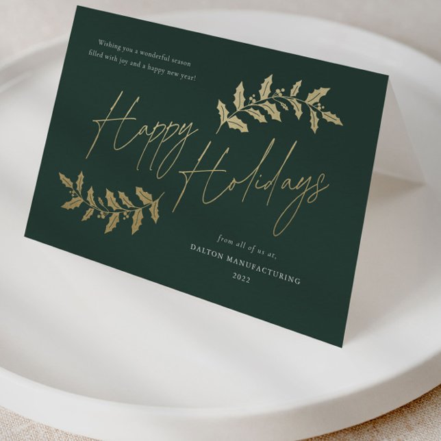 Cartão De Festividades Modern Gold Script Happy Holidays Business (Elegant gold and green script business holiday cards.)