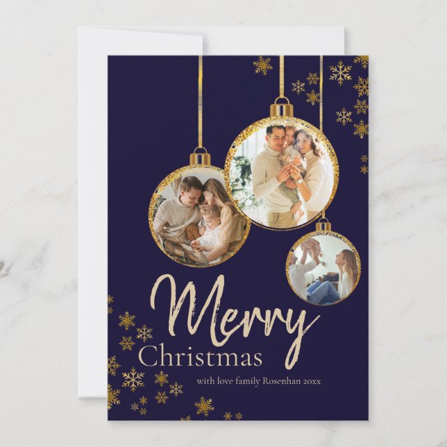 Cartão De Festividades Modern Gold Snowflakes Photo Merry Christmas (Frente)