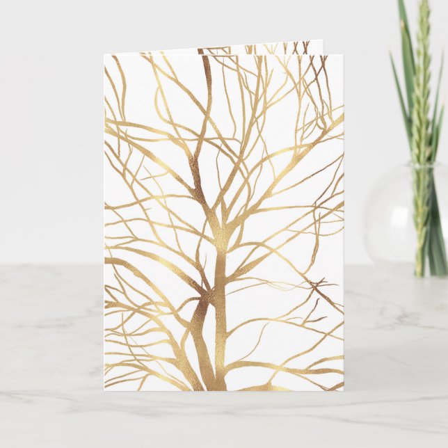 Cartão De Festividades Modern Gold Tree Silhouette Minimal White Design (Frente)
