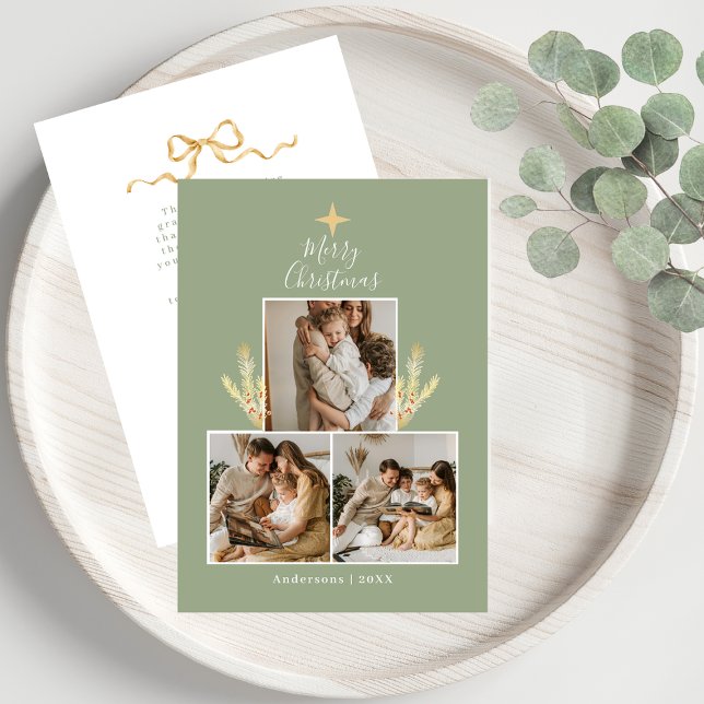 Cartão De Festividades Modern Green & Gold Christmas Tree 3 Photo Collage (Criador carregado)