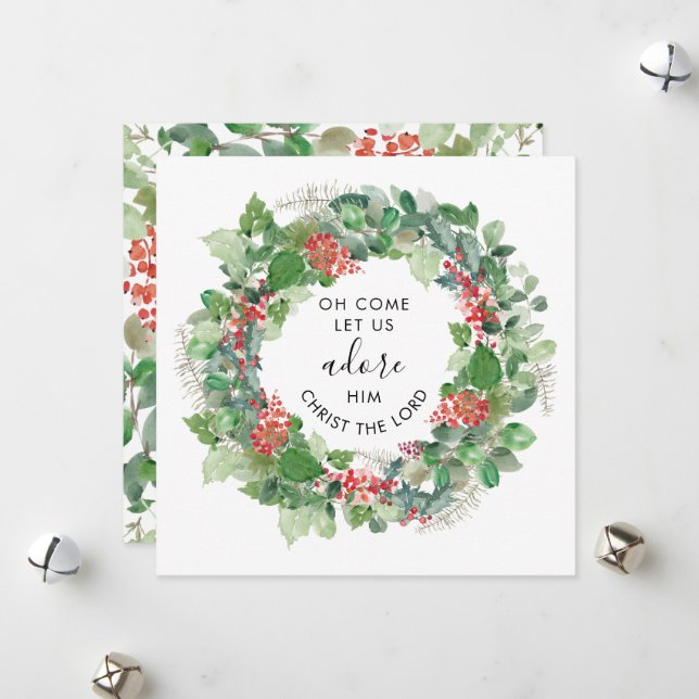 Cartão De Festividades Modern Greenery Venha Adoremos Ele Religioso  (Frente/Verso In Situ)