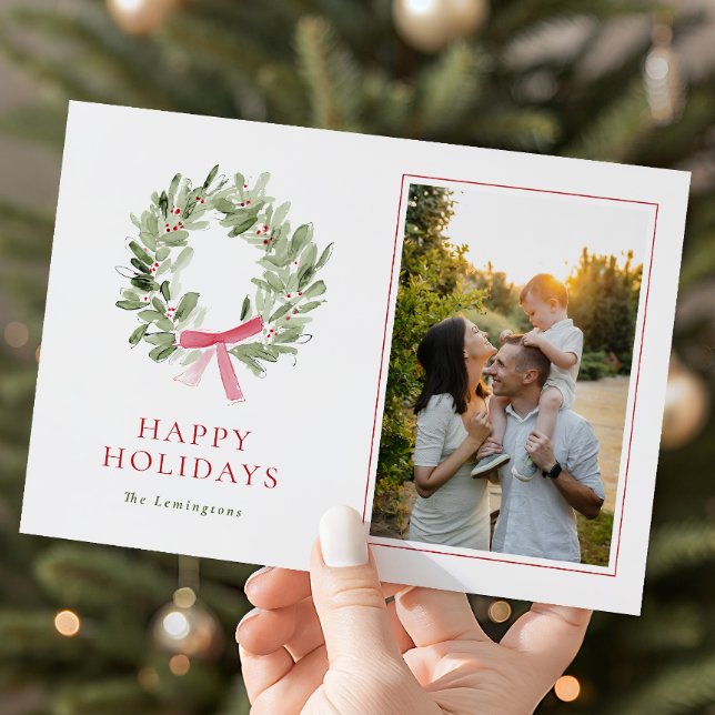 Cartão De Festividades Modern Greenery Wreath & Bow Photo Holiday Card (Criador carregado)