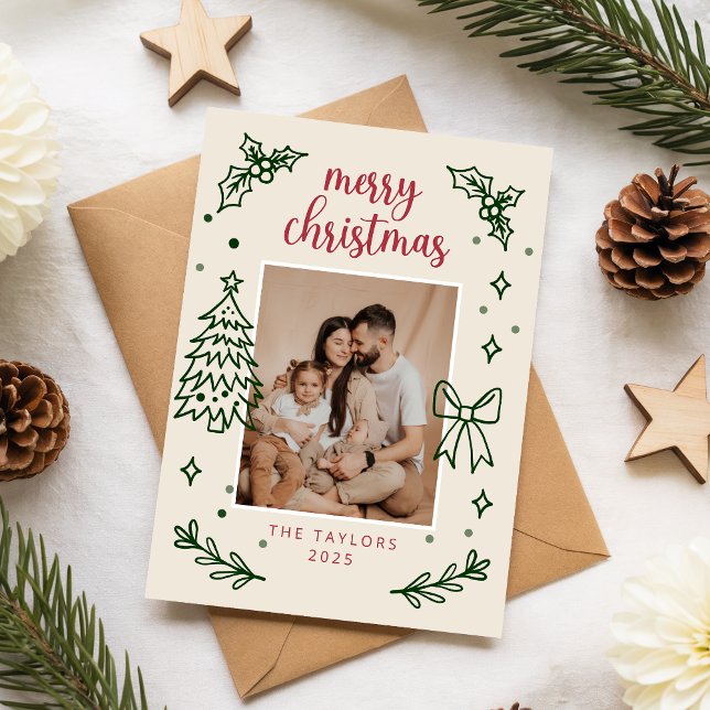 Cartão De Festividades Modern Hand Drawn Botanical Family Photo Christmas (Criador carregado)